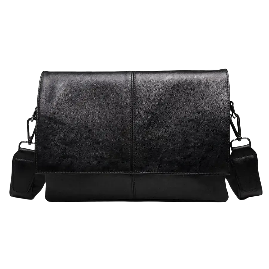Black leather bag men messenger crossbody with textured surface and adjustable strap in black pu material
