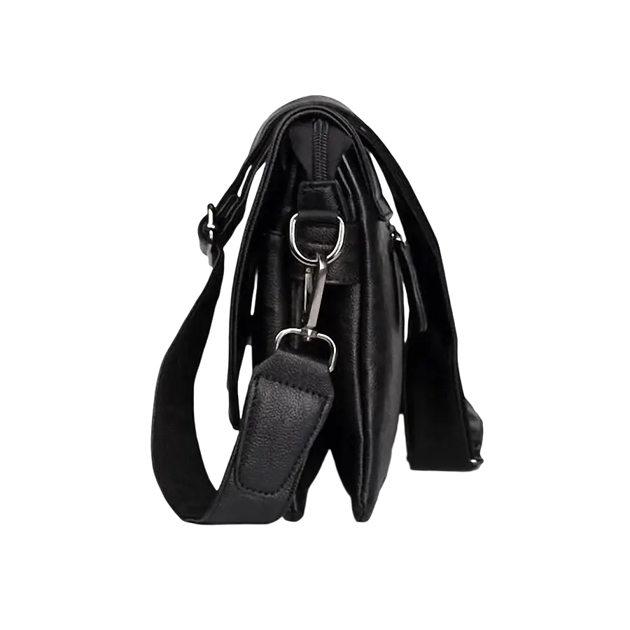 Black leather bag men messenger crossbody with adjustable strap and silver toned metal hardware in pu material