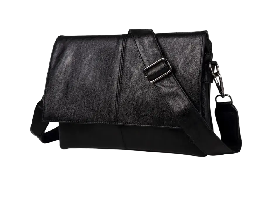 Black faux leather men bag messenger with textured surface and adjustable strap for crossbody use