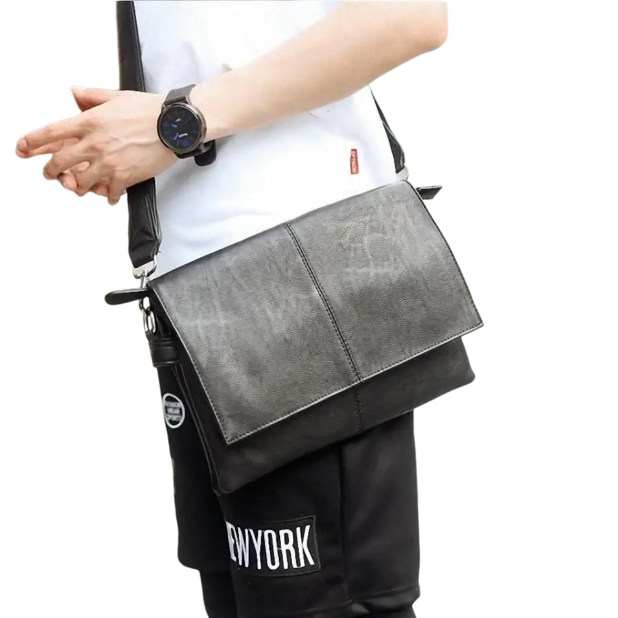 Gray leather bag men crossbody with flap closure and black strap made of faux leather for men bag messenger use