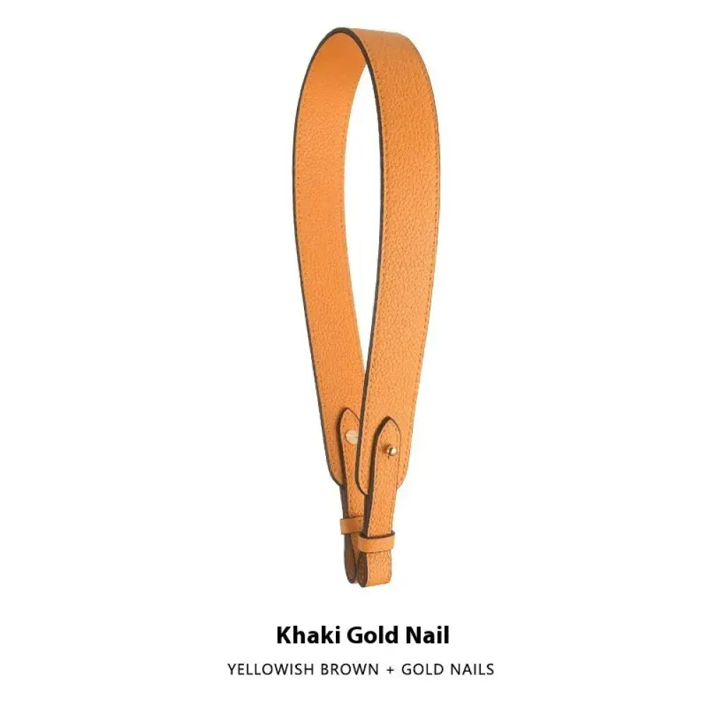Adjustable textured leather handbag strap in khaki with gold-toned metal clasp and hardware