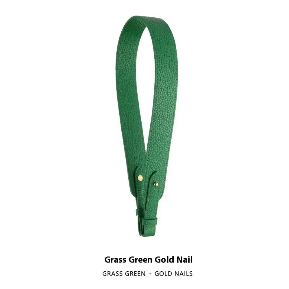 Adjustable grass green textured leather handbag strap with gold nail accents and gold clasp for stylish use