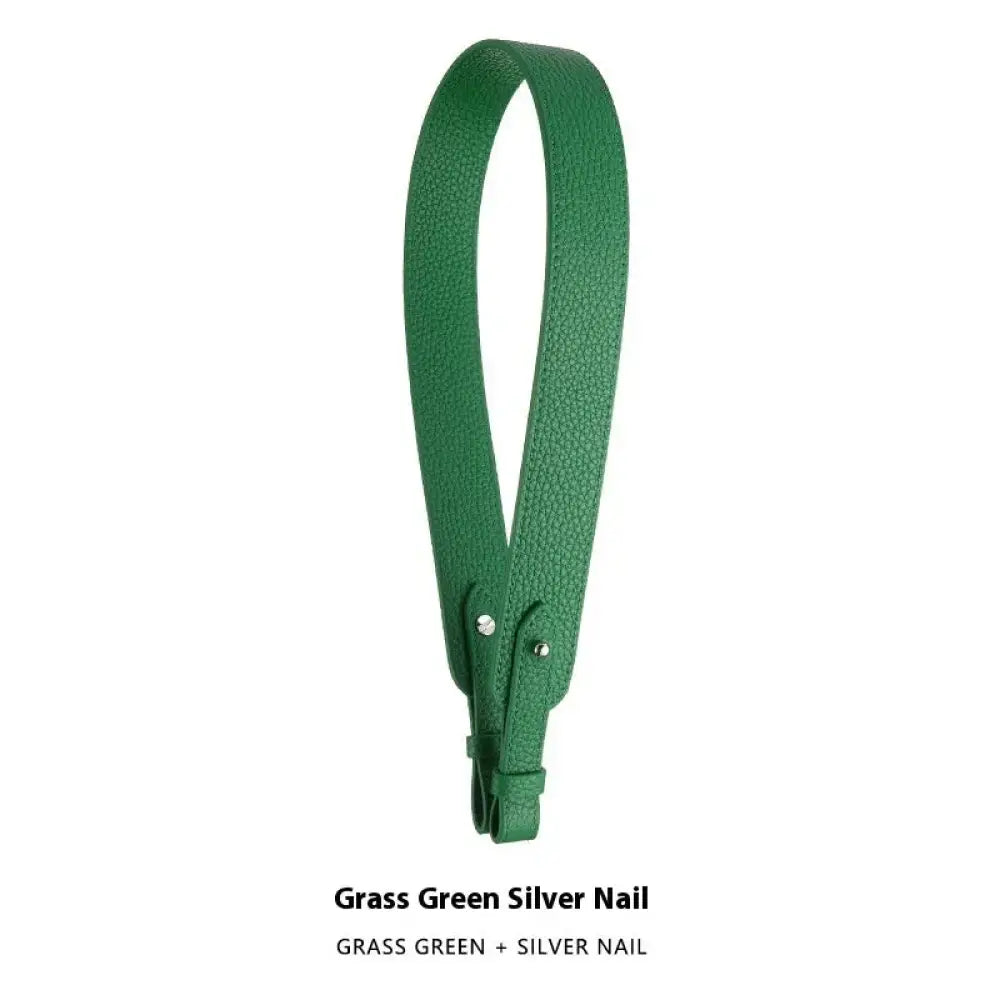 Adjustable textured grass green leather handbag strap with silver nail hardware and gold clasp for versatile use