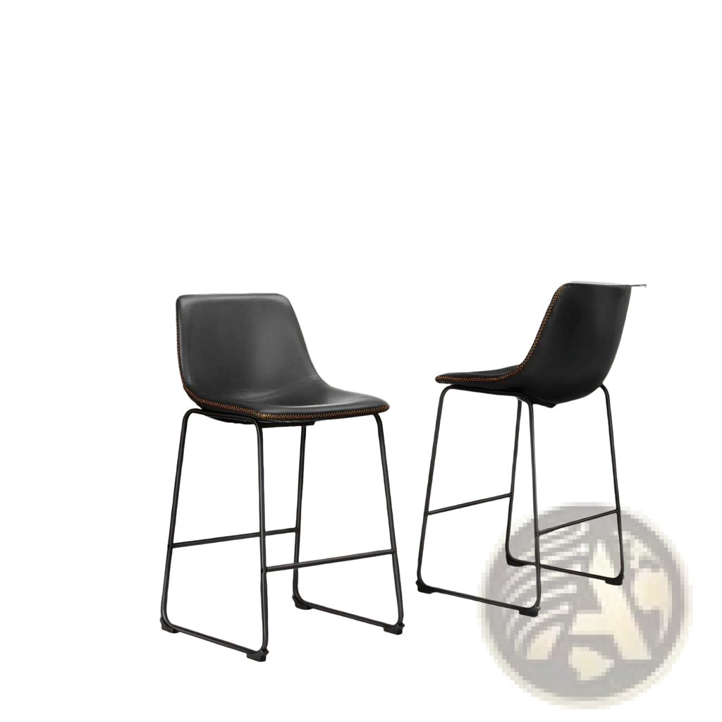 Black leather bar stools set of 2 with metal frames and stitched detailing mid century counter chairs