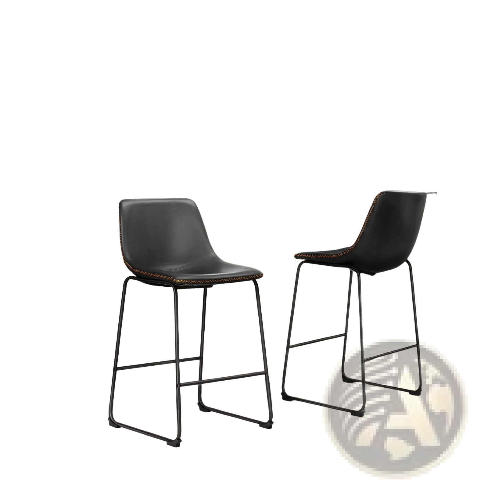 Black leather bar stools set of 2 with metal frames and stitched detailing mid century counter chairs