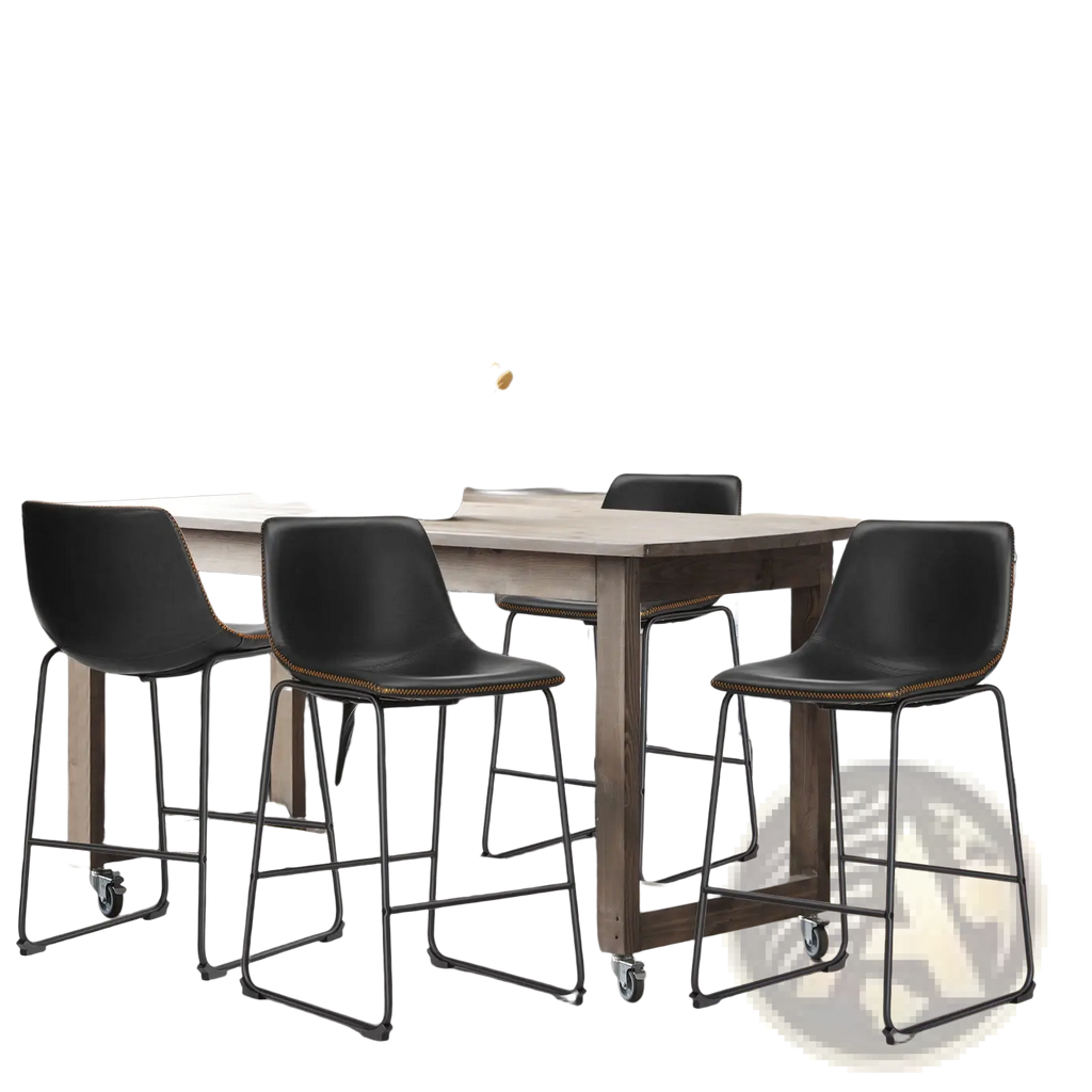 Black leather bar stools set of 2 with metal frames and caster wheels for mid century counter seating