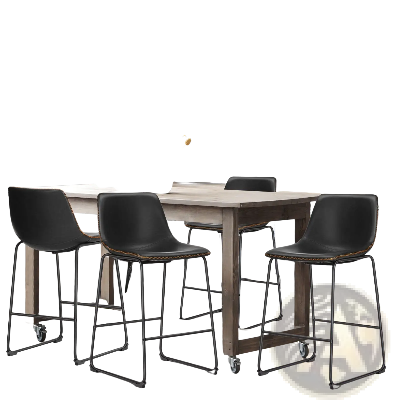 Black leather bar stools set of 2 with metal frames and caster wheels for mid century counter seating