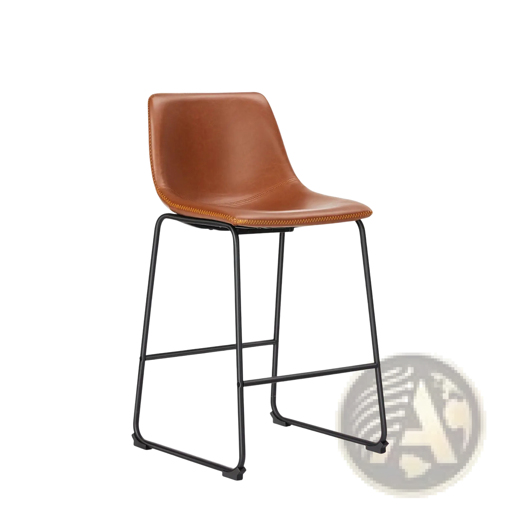 Brown leather bar stool with black metal frame in a set of 2 mid century counter chairs for kitchen or bar use