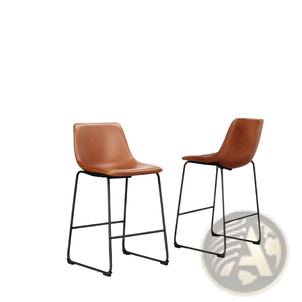 Brown leather bar stools set of 2 with black metal frames mid century counter chairs for kitchen or bar seating