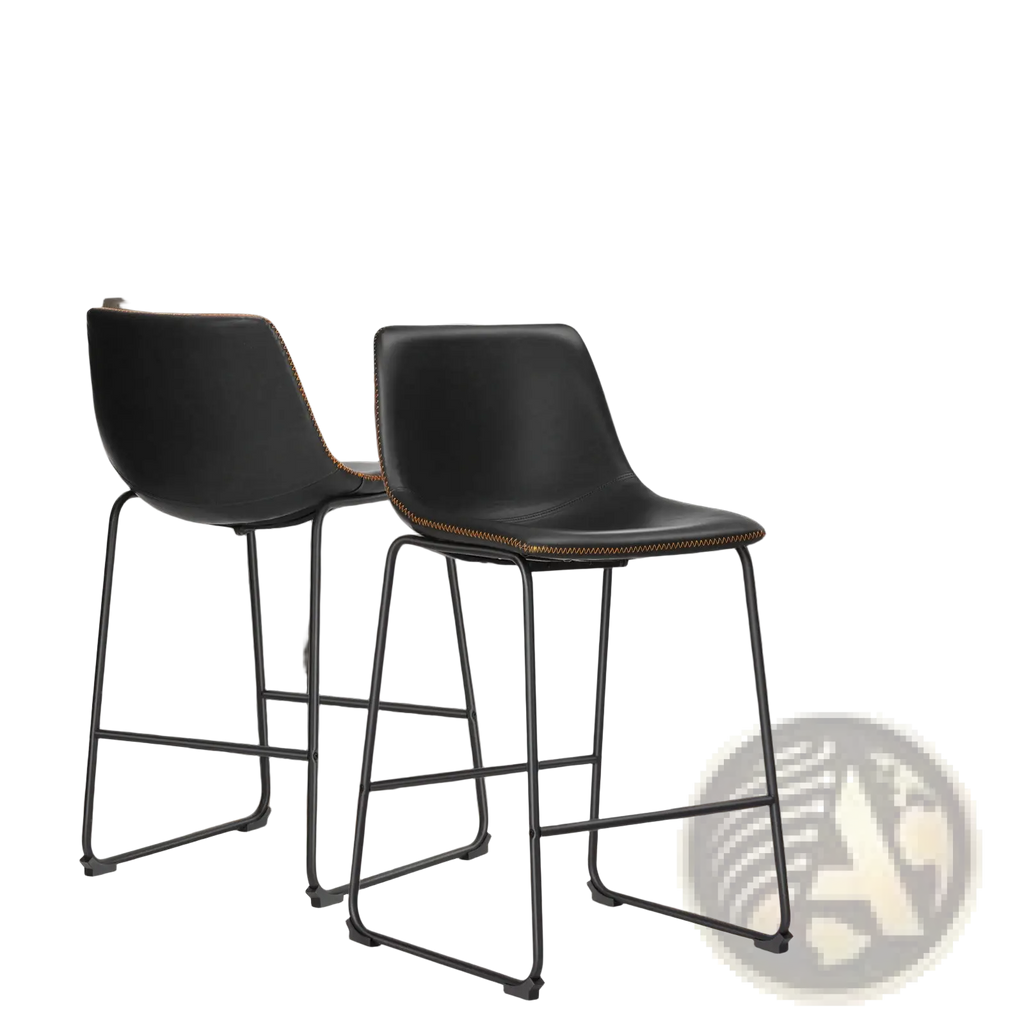Black leather bar stools set of 2 with metal frames and gold stitching mid century counter chairs