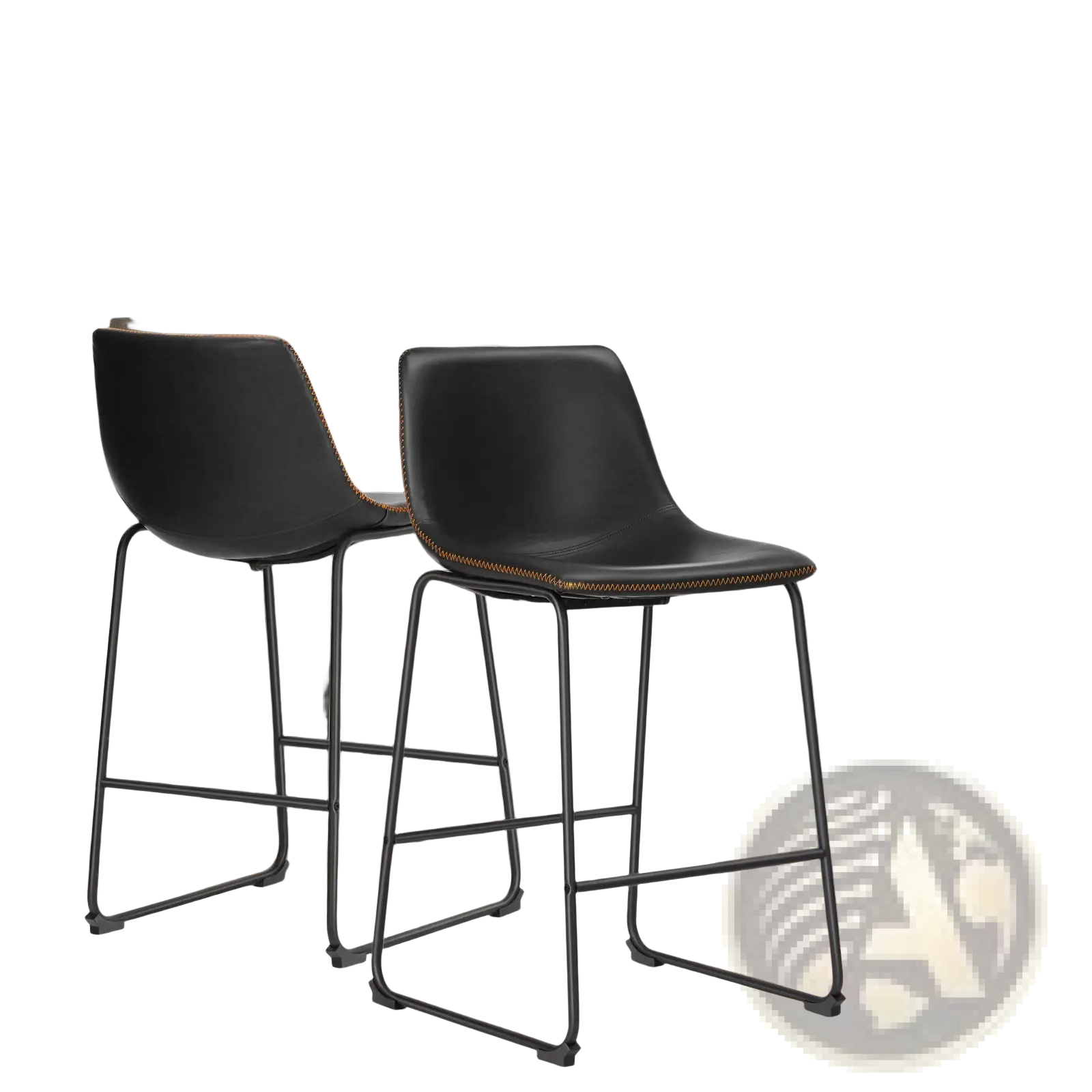 Black leather bar stools set of 2 with metal frames and gold stitching mid century counter chairs
