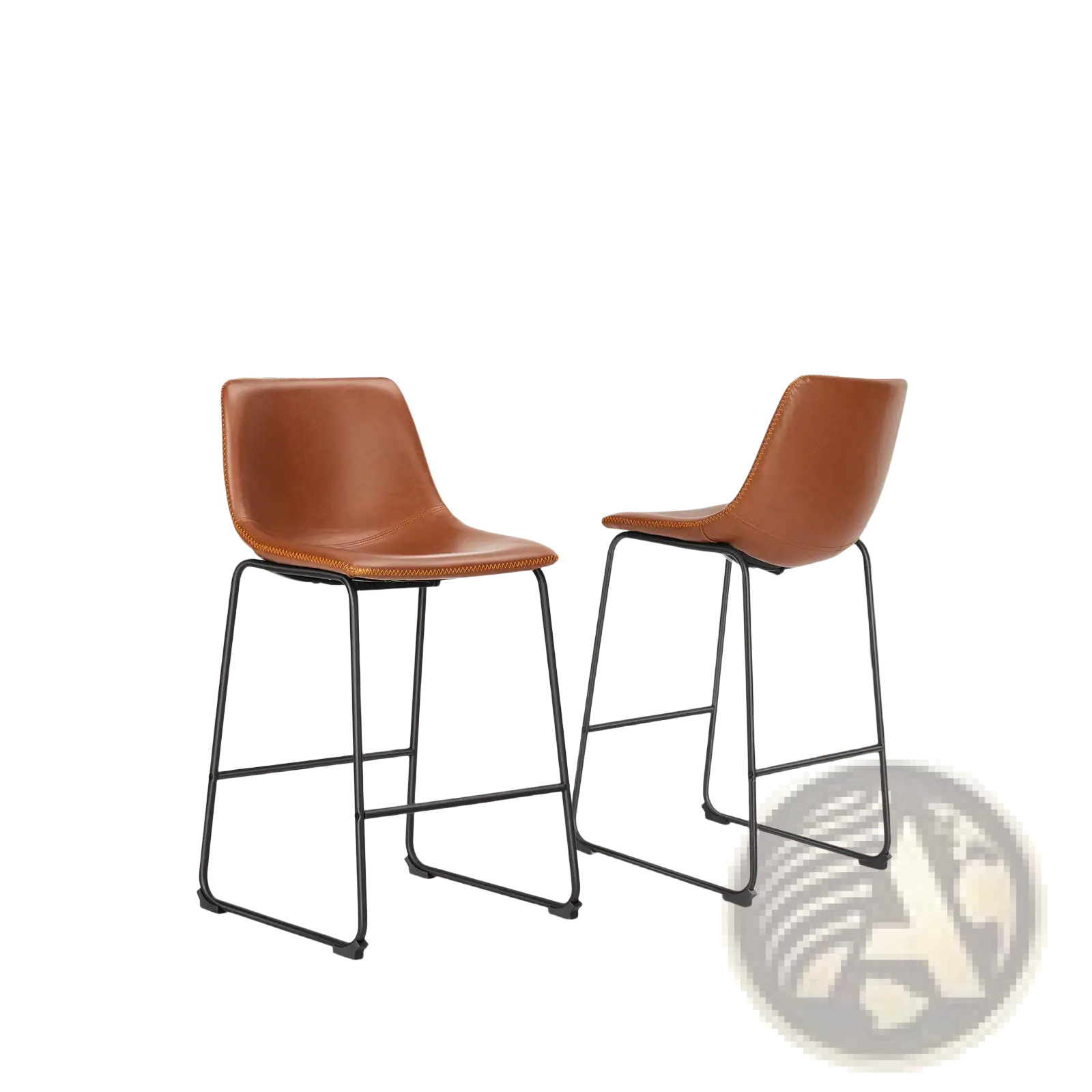 Brown faux leather bar stools set of 2 with black metal frames mid century style counter chairs shown from the back