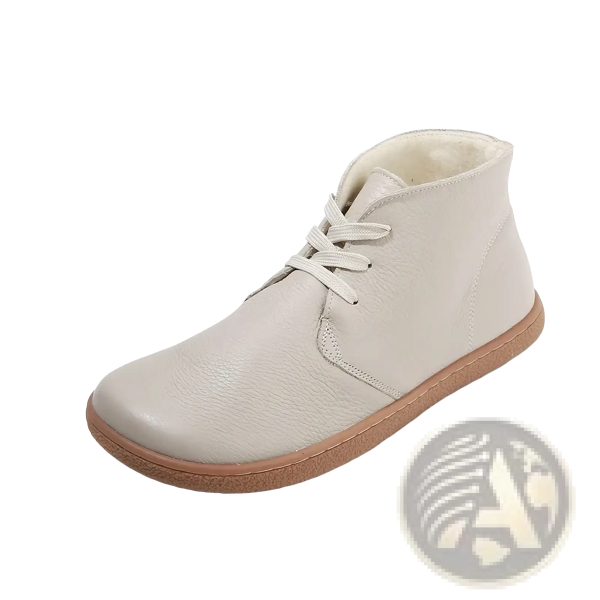 Cream-colored leather barefoot chukka boot with wool lining tan rubber sole and matching laces zero drop wide toe