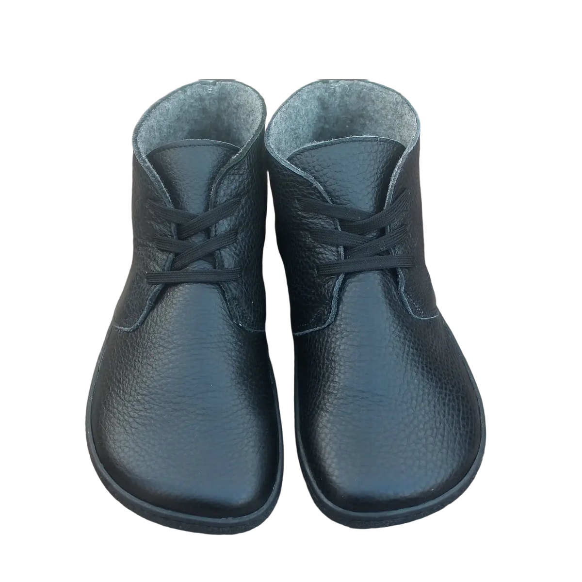 Black genuine leather ankle barefoot boots with textured surface wool lined wide toe zero drop and black laces