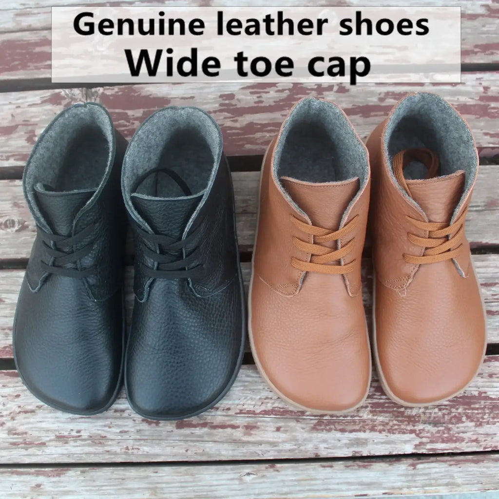 Black and tan genuine leather ankle barefoot boots with wool lining and wide toe caps for zero drop comfort
