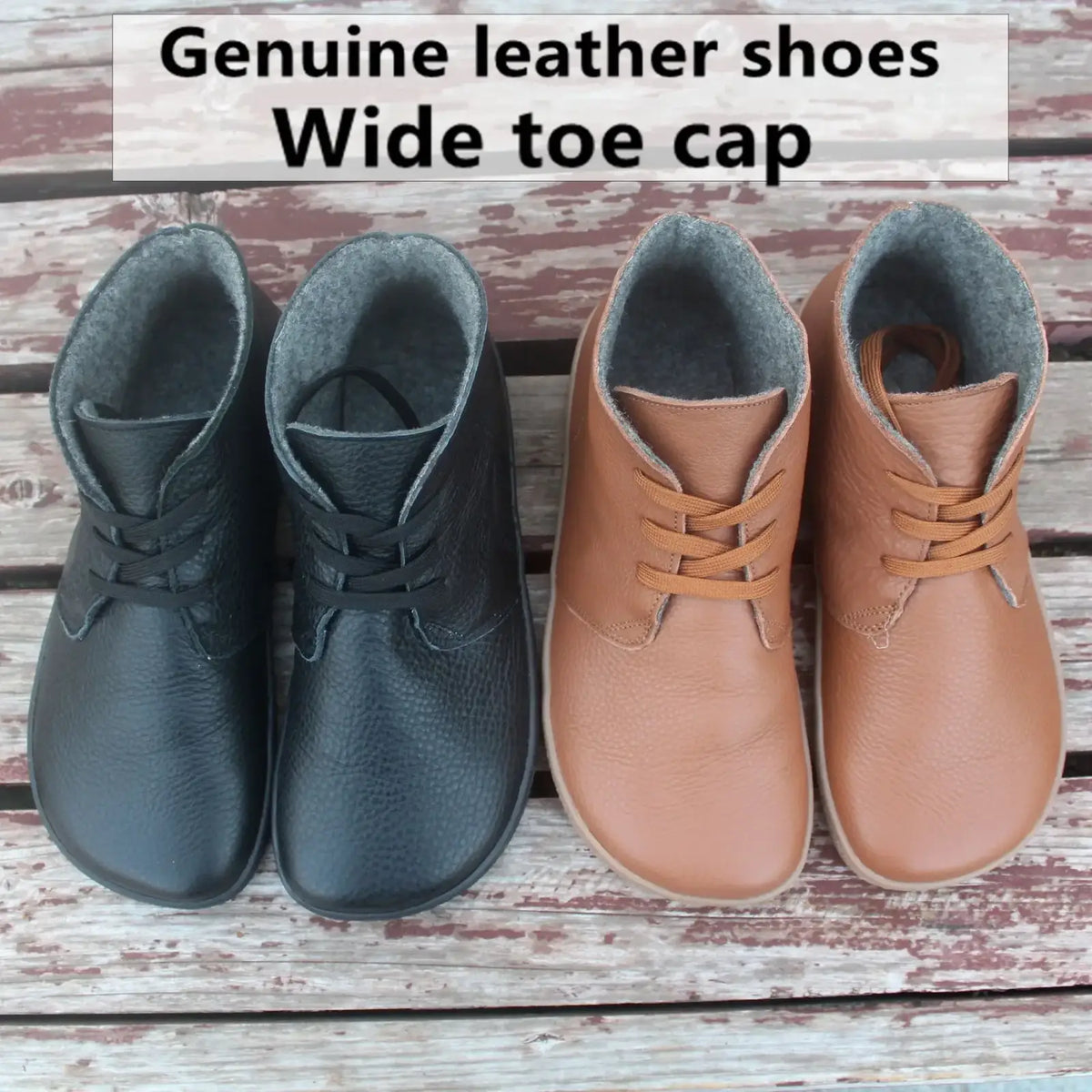 Black and tan genuine leather ankle barefoot boots with wool lining and wide toe caps for zero drop comfort