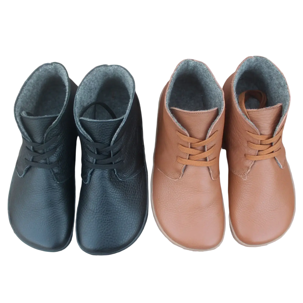 Black and tan genuine leather ankle barefoot boots with wool lining and wide toe caps for zero drop comfort