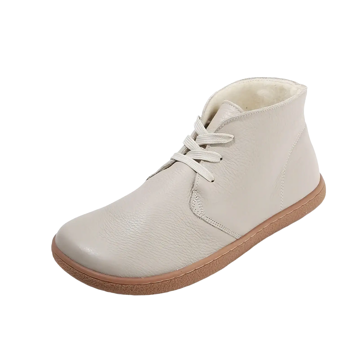 Cream-colored leather barefoot chukka boot with wool lining tan rubber sole and matching laces zero drop wide toe
