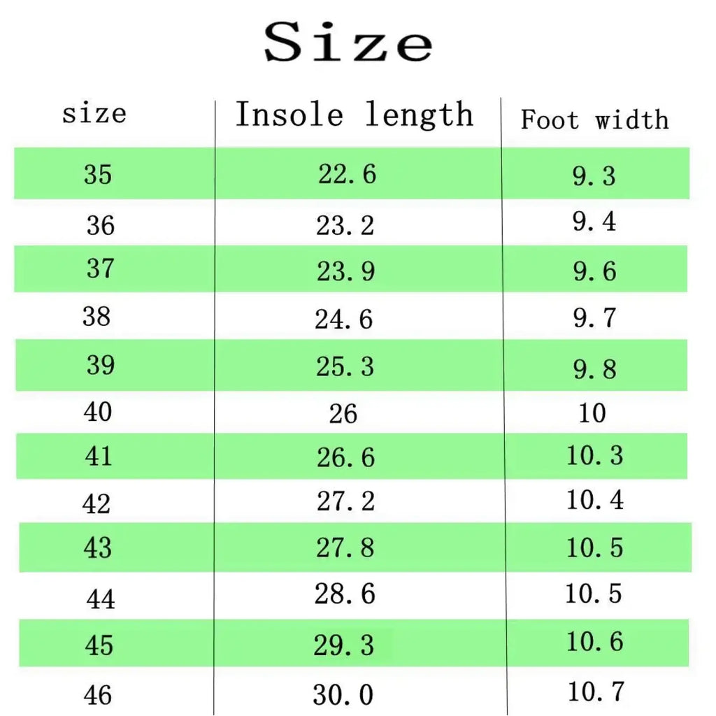 Green table displaying size chart for leather barefoot boots wool lined wide toe zero drop insoles sizes 35 to 46