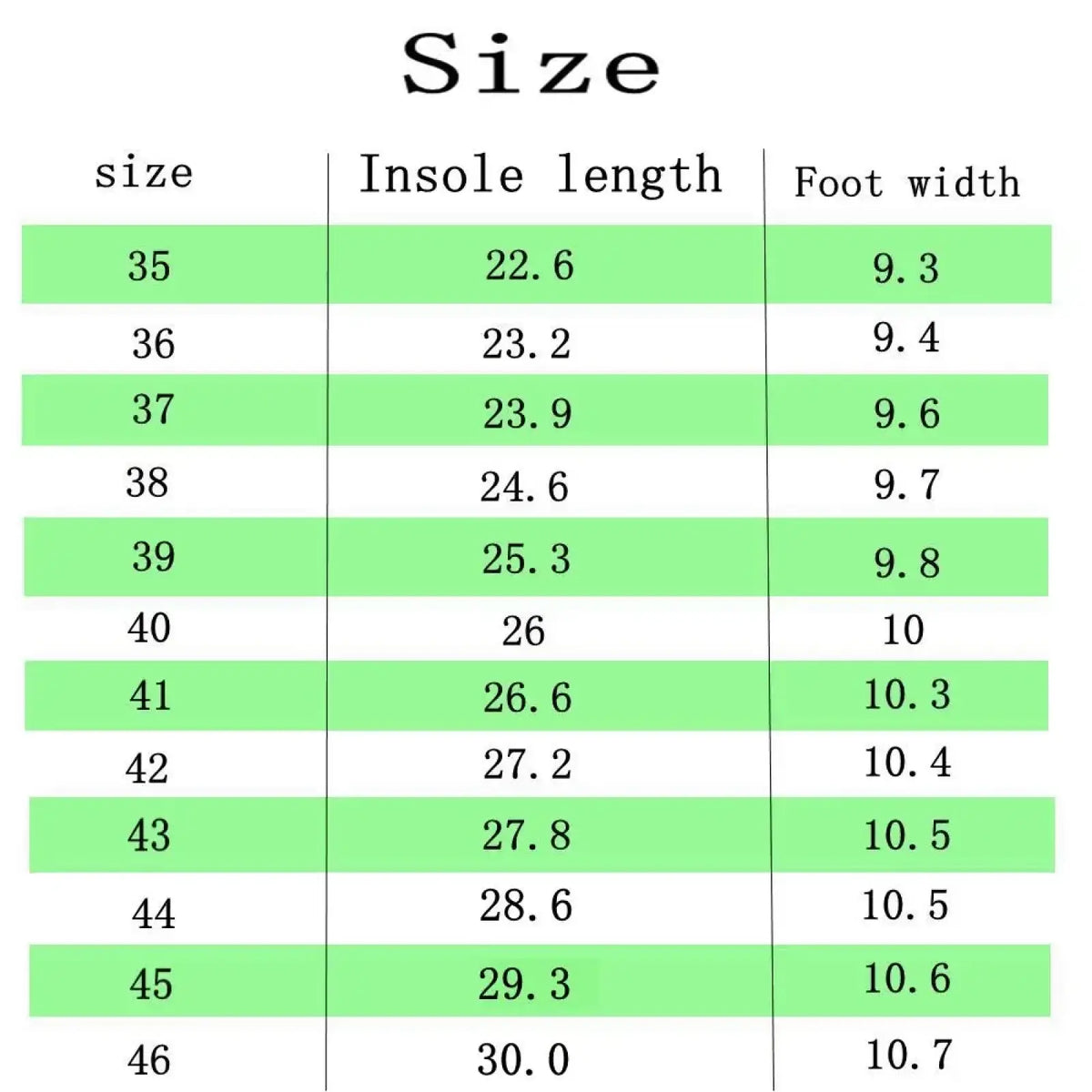 Green table displaying size chart for leather barefoot boots wool lined wide toe zero drop insoles sizes 35 to 46