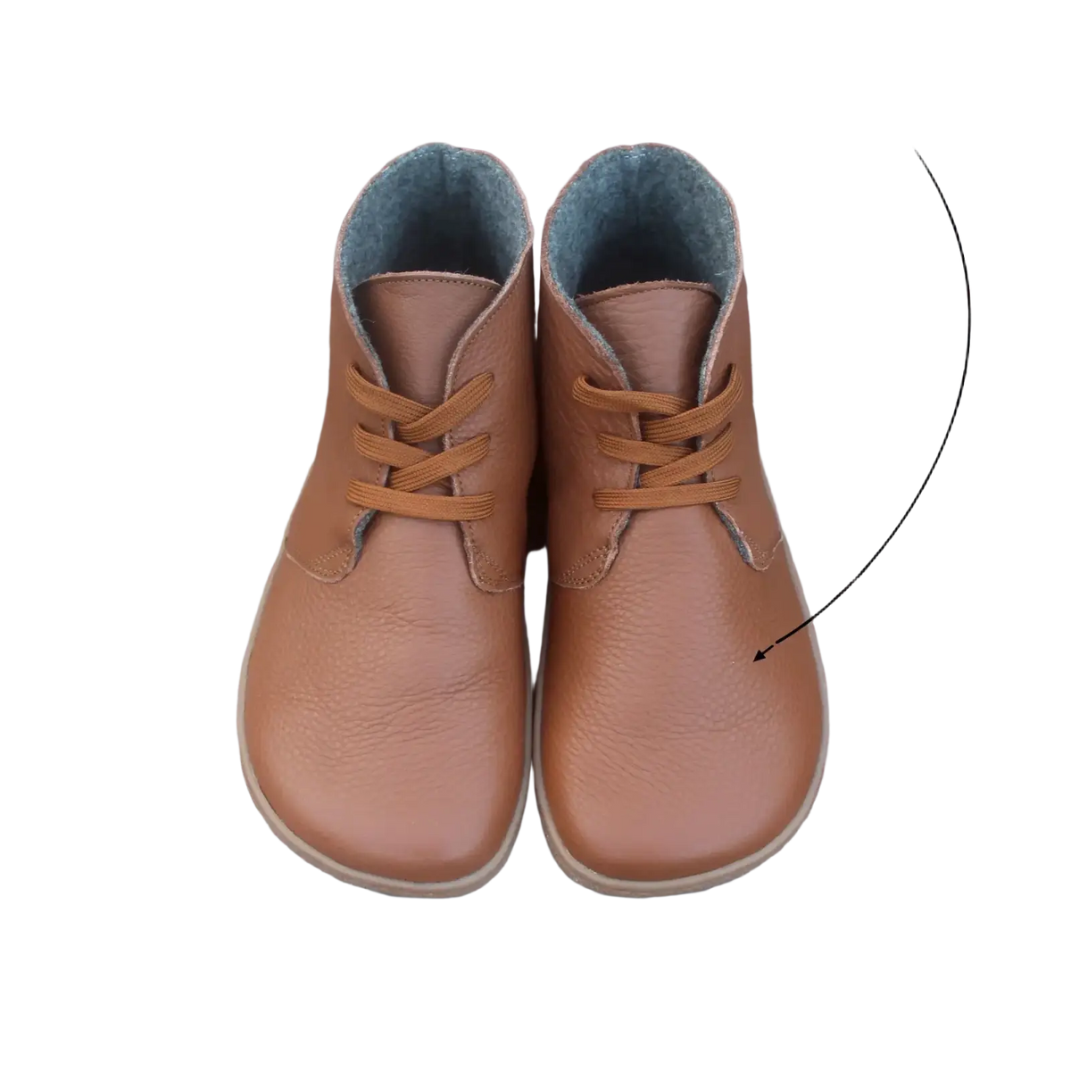 Tan genuine leather barefoot ankle boots with matching laces and wool lined soft gray interior lining