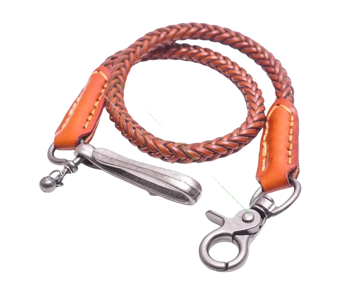 Leather biker wallet chain with braided brown leather, orange leather ends, and silver-toned metal clasps for punk jeans accessory