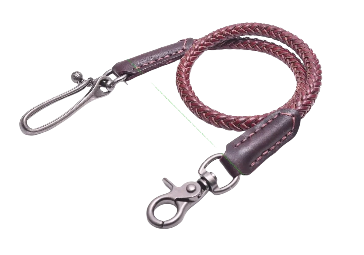 Leather biker wallet chain with braided maroon leather strap dark brown stitched ends and silver metal clasps