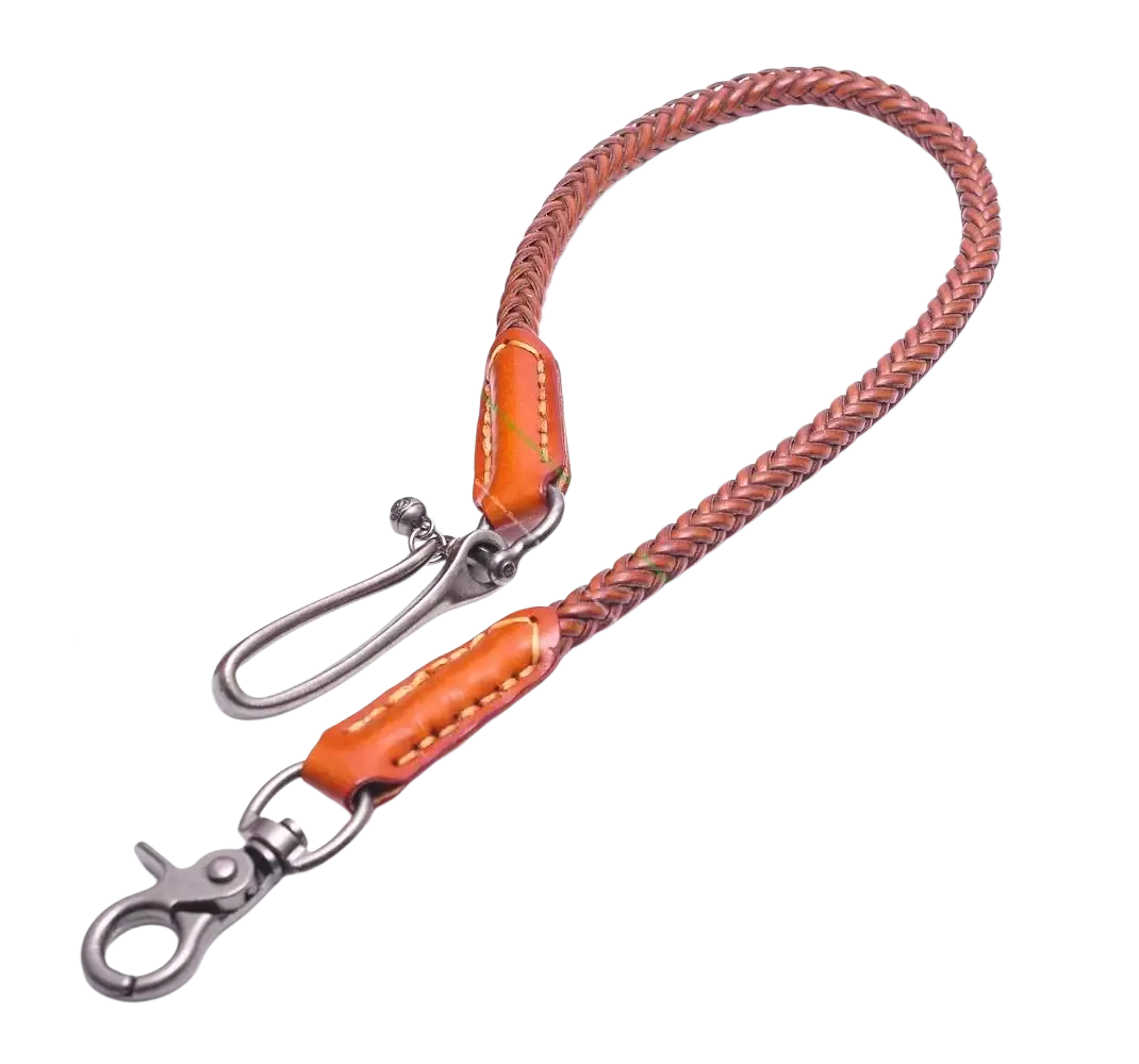 Brown braided leather biker wallet chain with orange leather accents and silver metal clasps for punk jeans accessory