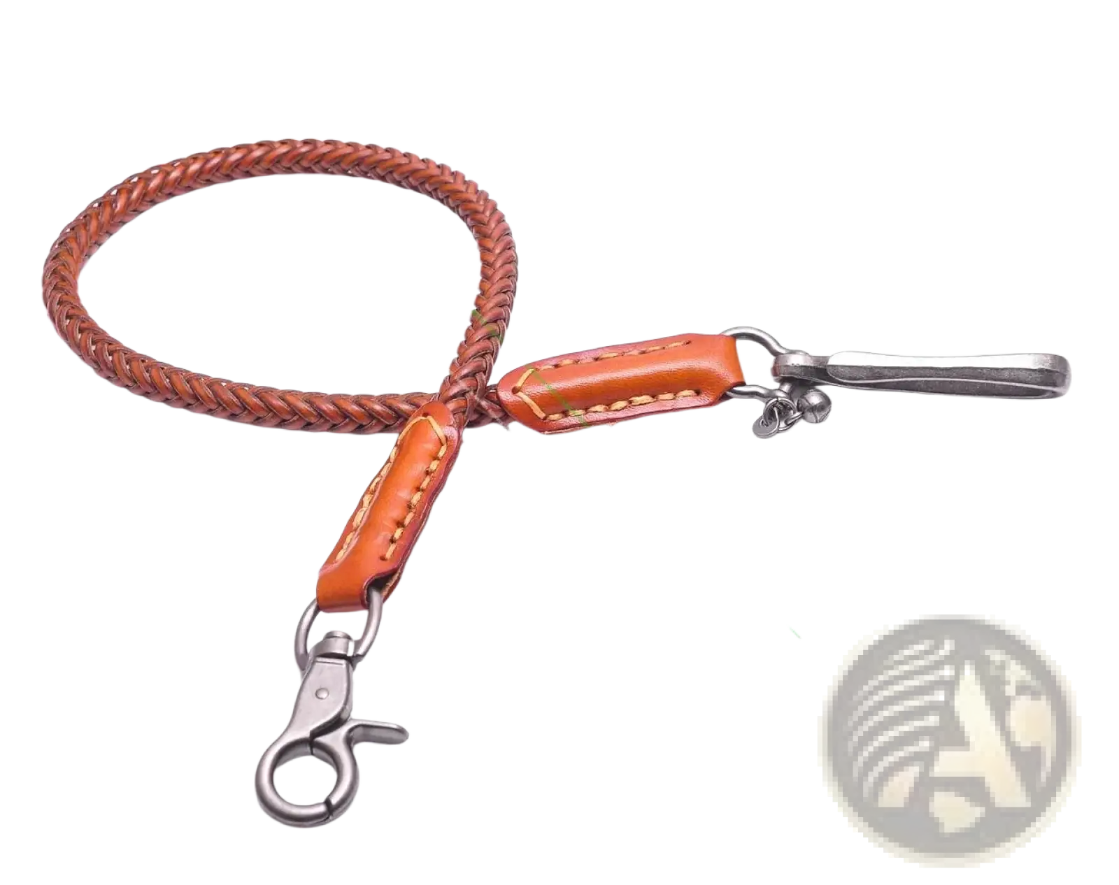 Brown braided leather biker wallet chain with orange stitching and silver metal hardware for punk jeans accessory