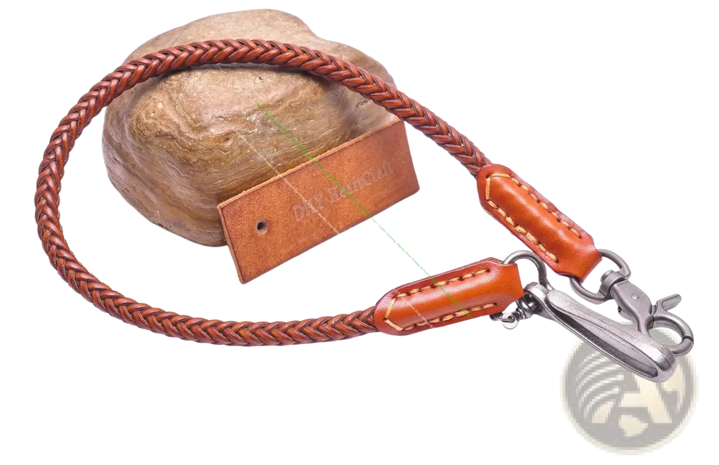 Brown braided leather biker wallet chain with tan stitched ends and silver metal clasp for punk jeans accessory