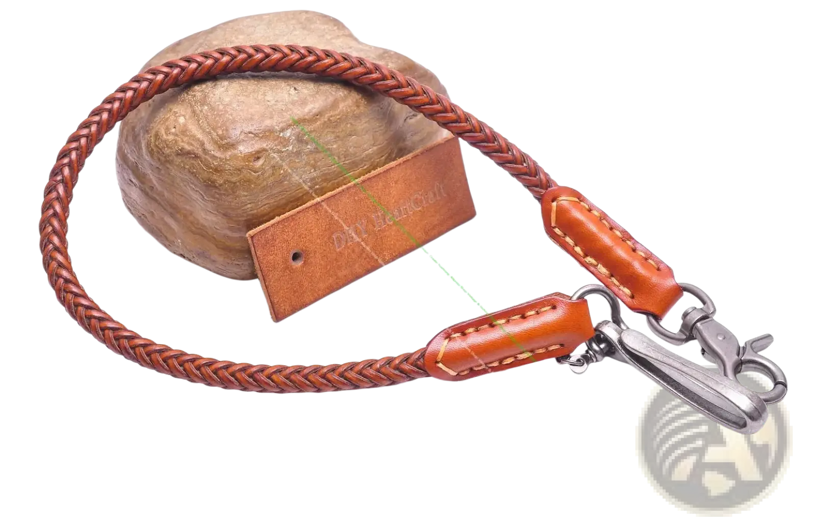 Brown braided leather biker wallet chain with tan stitched ends and silver metal clasp for punk jeans accessory