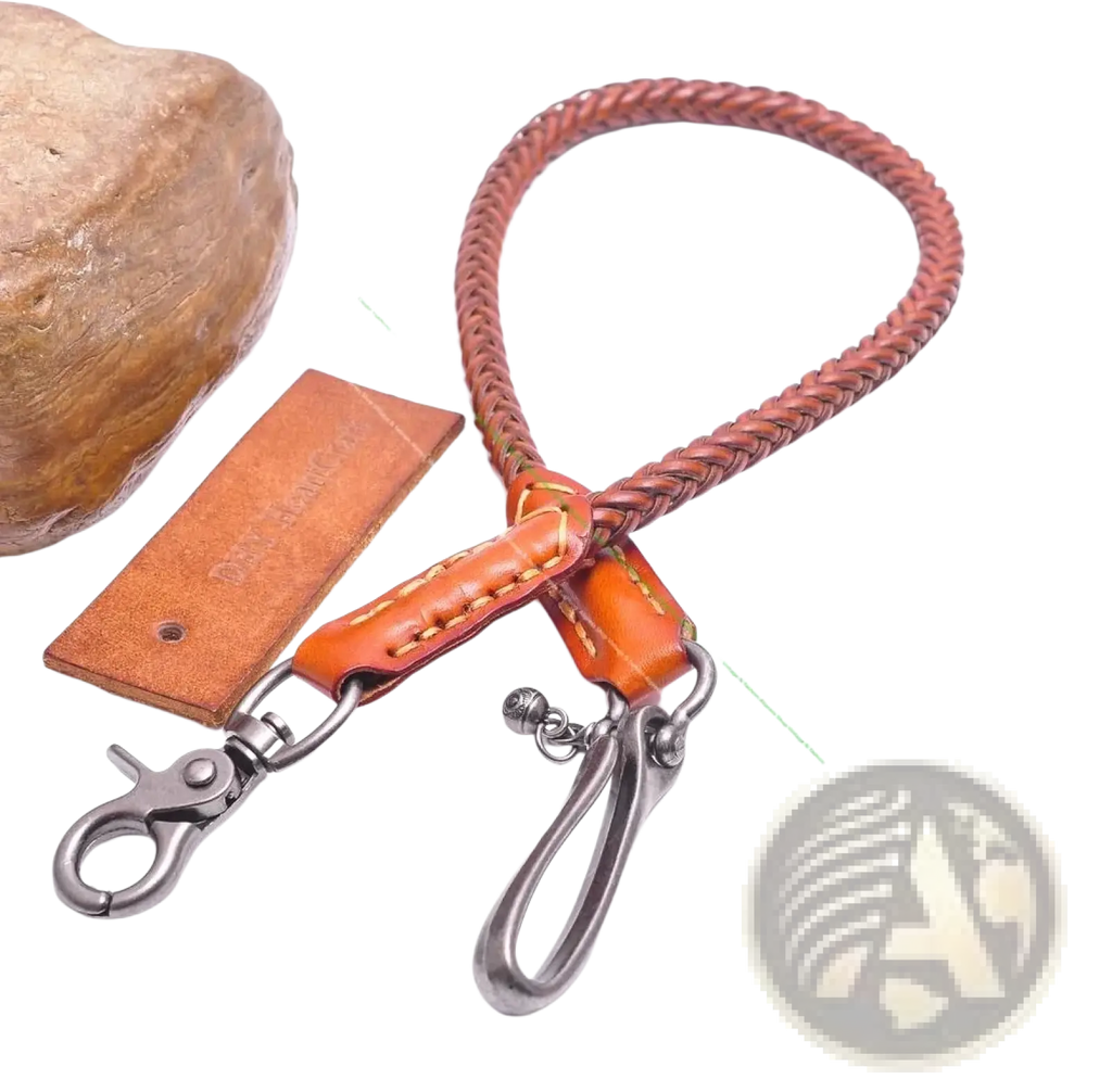 Brown braided leather biker wallet chain with orange leather accents and silver metal clasps for punk jeans accessory