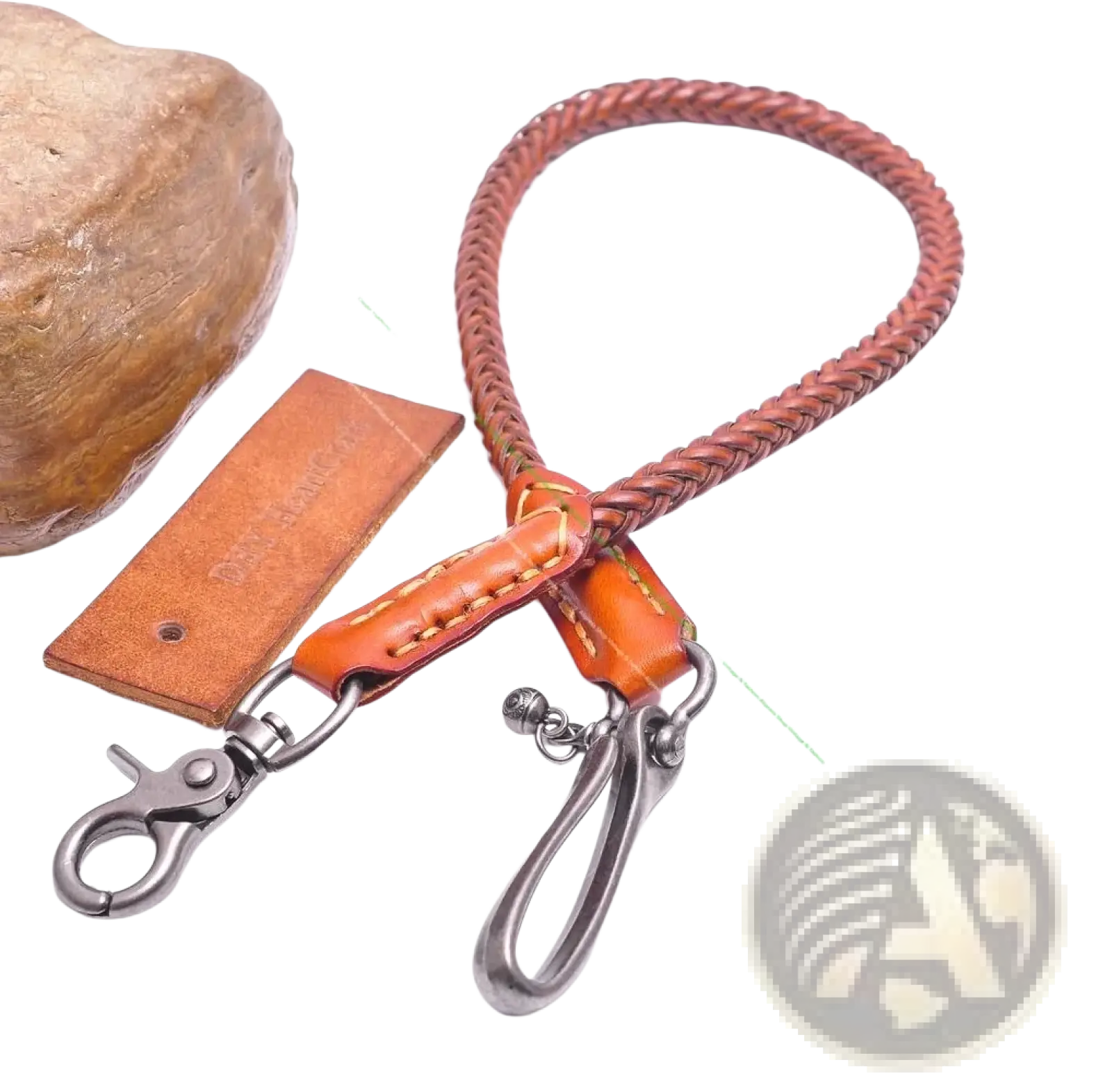 Brown braided leather biker wallet chain with orange leather accents and silver metal clasps for punk jeans accessory