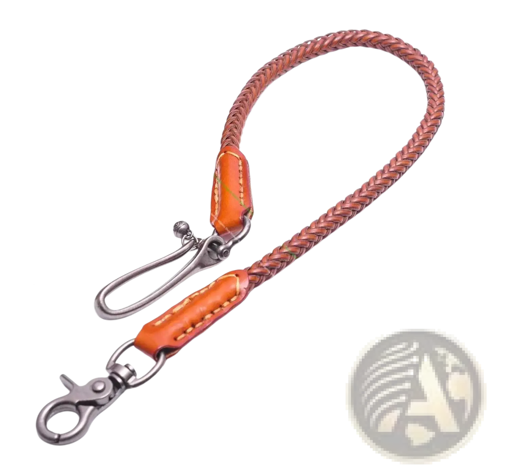 Brown braided leather biker wallet chain with orange leather accents and silver metal clasps for punk jeans accessory