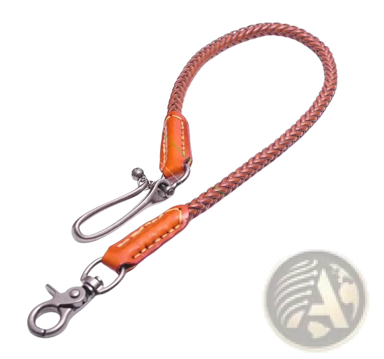 Brown braided leather biker wallet chain with orange leather accents and silver metal clasps for punk jeans accessory