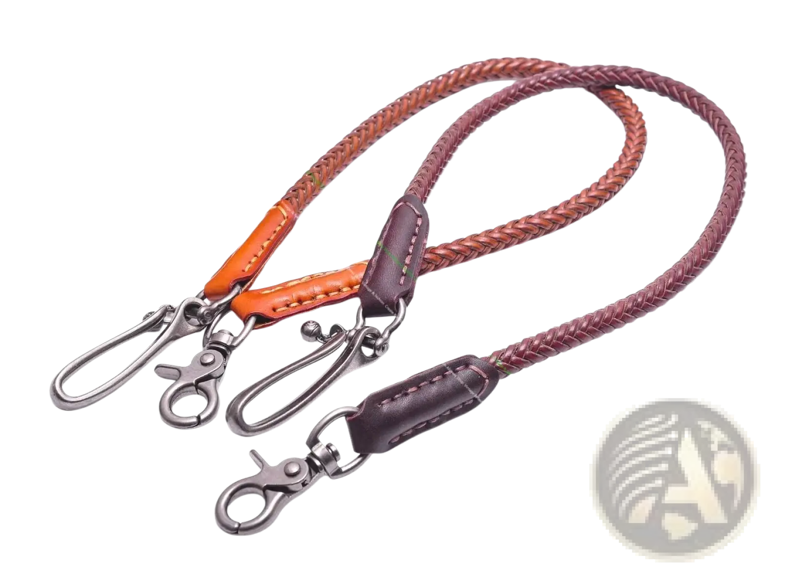 Two braided leather biker wallet chains in orange and dark brown with metal clasps and stitched ends for punk jeans