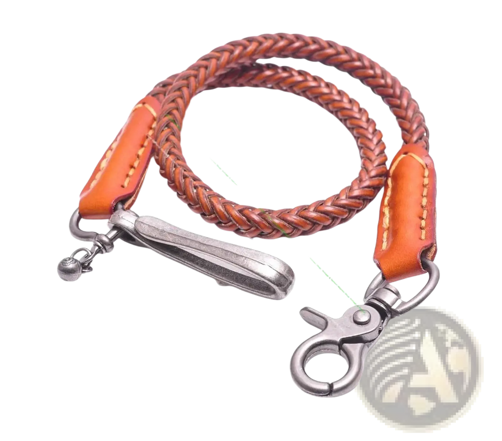 Leather biker wallet chain with braided brown leather, orange leather ends, and silver-toned metal clasps for punk jeans accessory