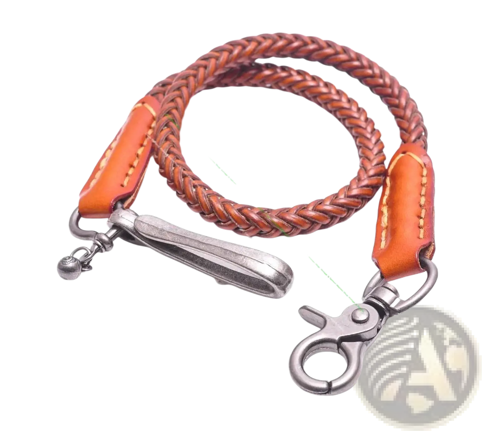 Leather biker wallet chain with braided brown leather, orange leather ends, and silver-toned metal clasps for punk jeans accessory