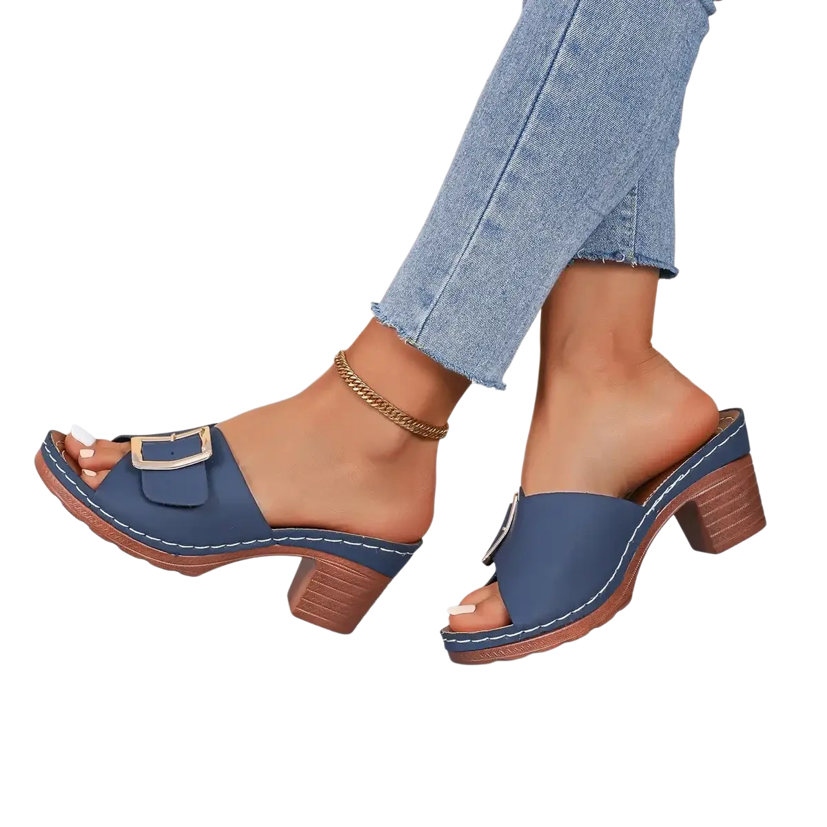 Blue leather block heel mule sandals featuring a gold-tone buckle and wooden block heel for stylish wear