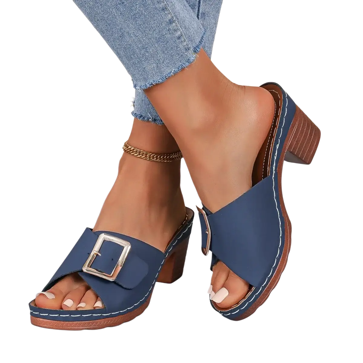 Leather block heel mule sandals in blue leather with a silver buckle and brown wooden heel for stylish wear