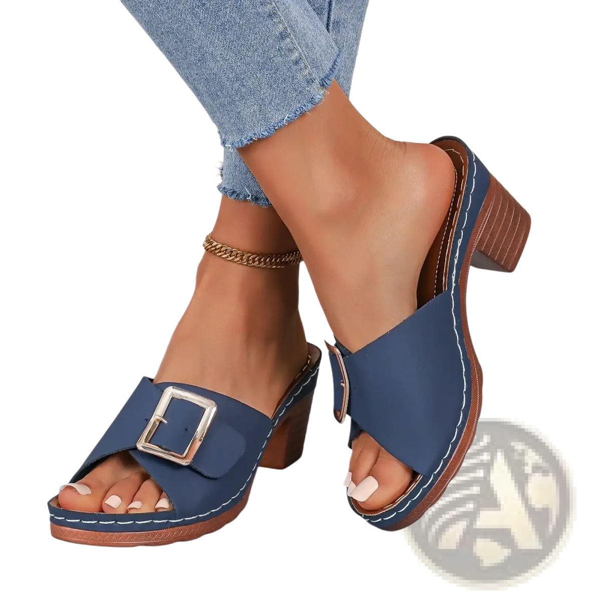 Leather block heel mule sandals in blue leather with a silver buckle and brown wooden heel for stylish wear