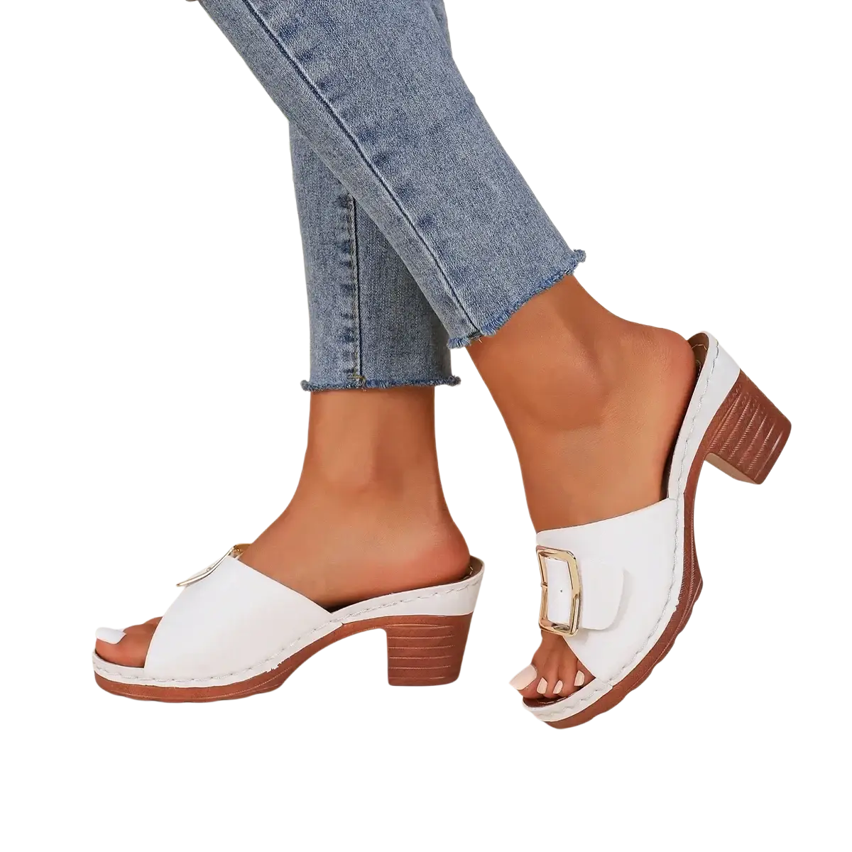 White leather block heel mule sandals with brown wooden heel and gold-tone buckle for stylish wear