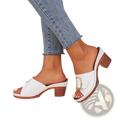 White leather block heel mule sandals with brown wooden heel and gold-tone buckle for stylish wear