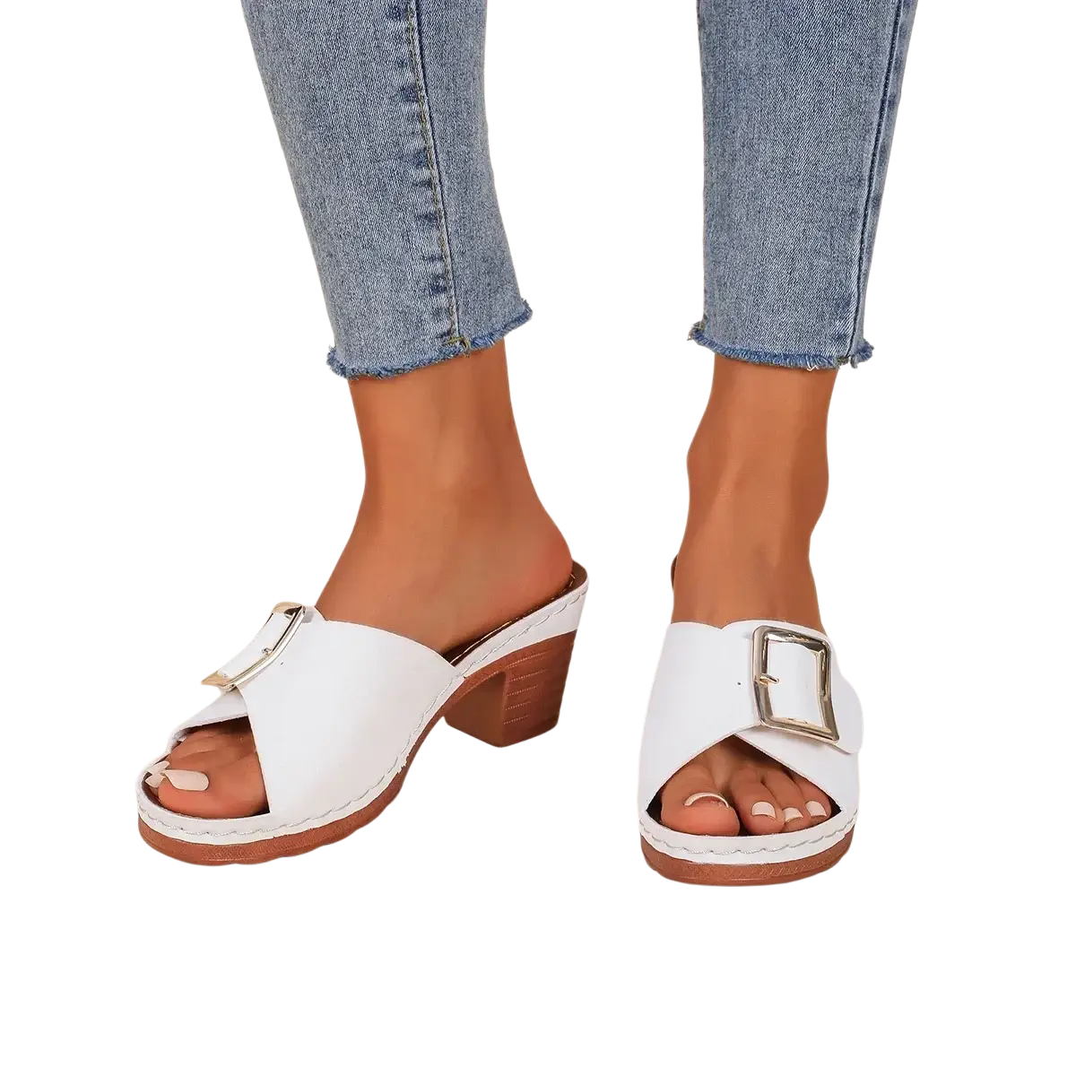 White leather block heel mule sandals with silver buckle and wooden heel for stylish casual wear