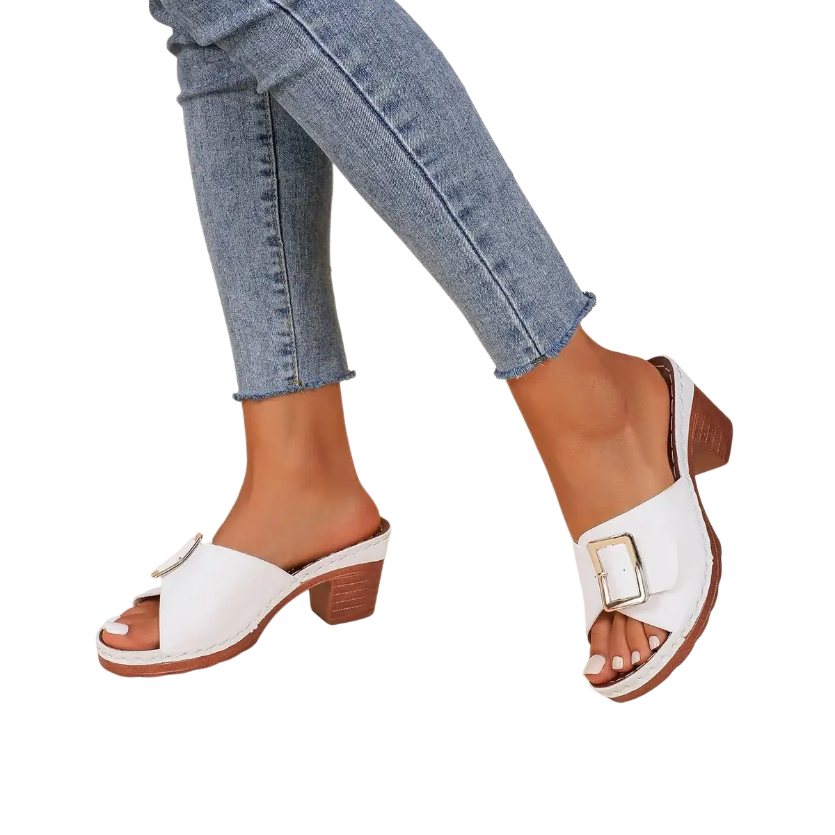 White leather block heel mule sandals with brown heel and silver buckle for stylish casual wear