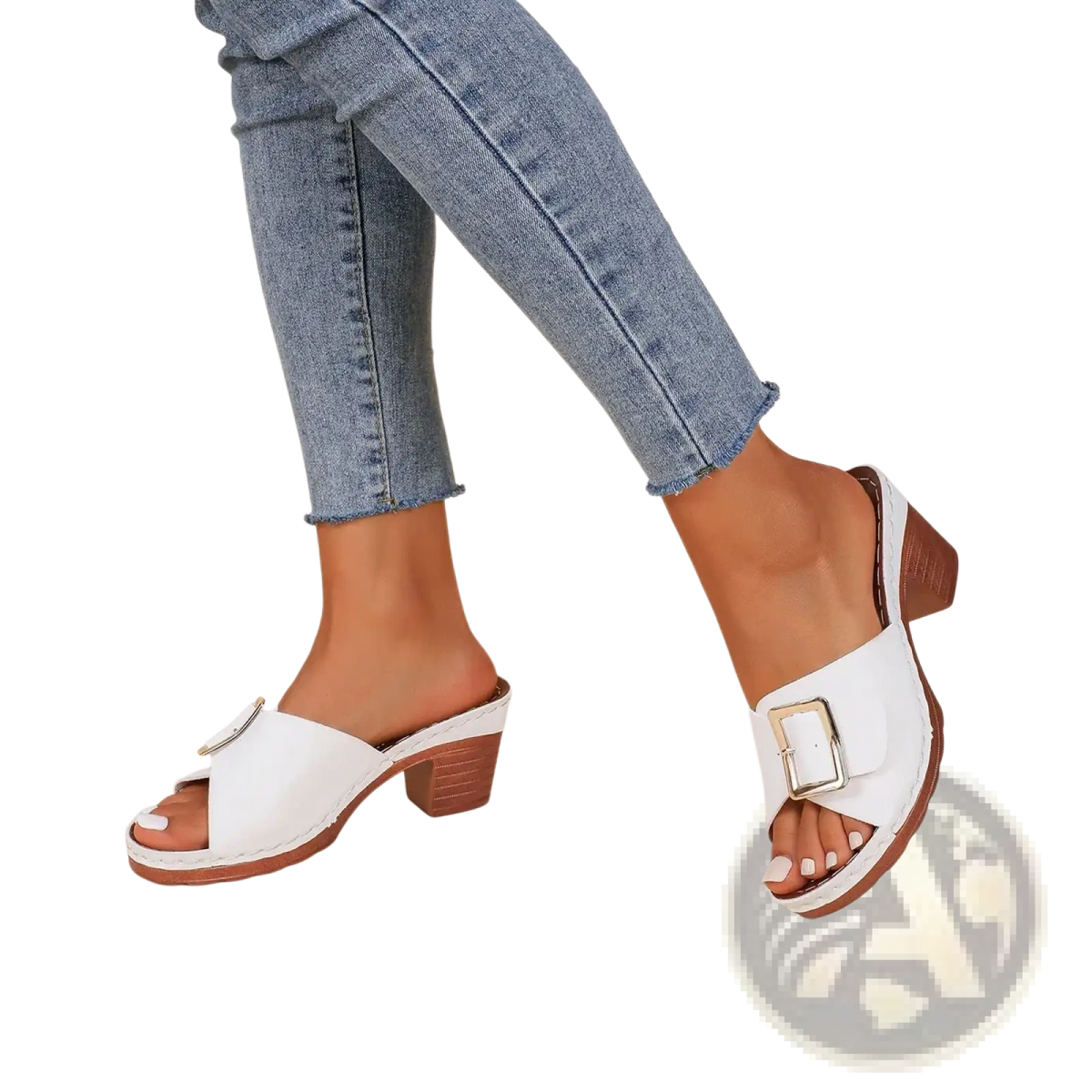 White leather block heel mule sandals with brown heel and silver buckle for stylish casual wear