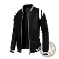 Black leather bomber jacket with white striped accents on collar sleeves and cuffs showcasing front view
