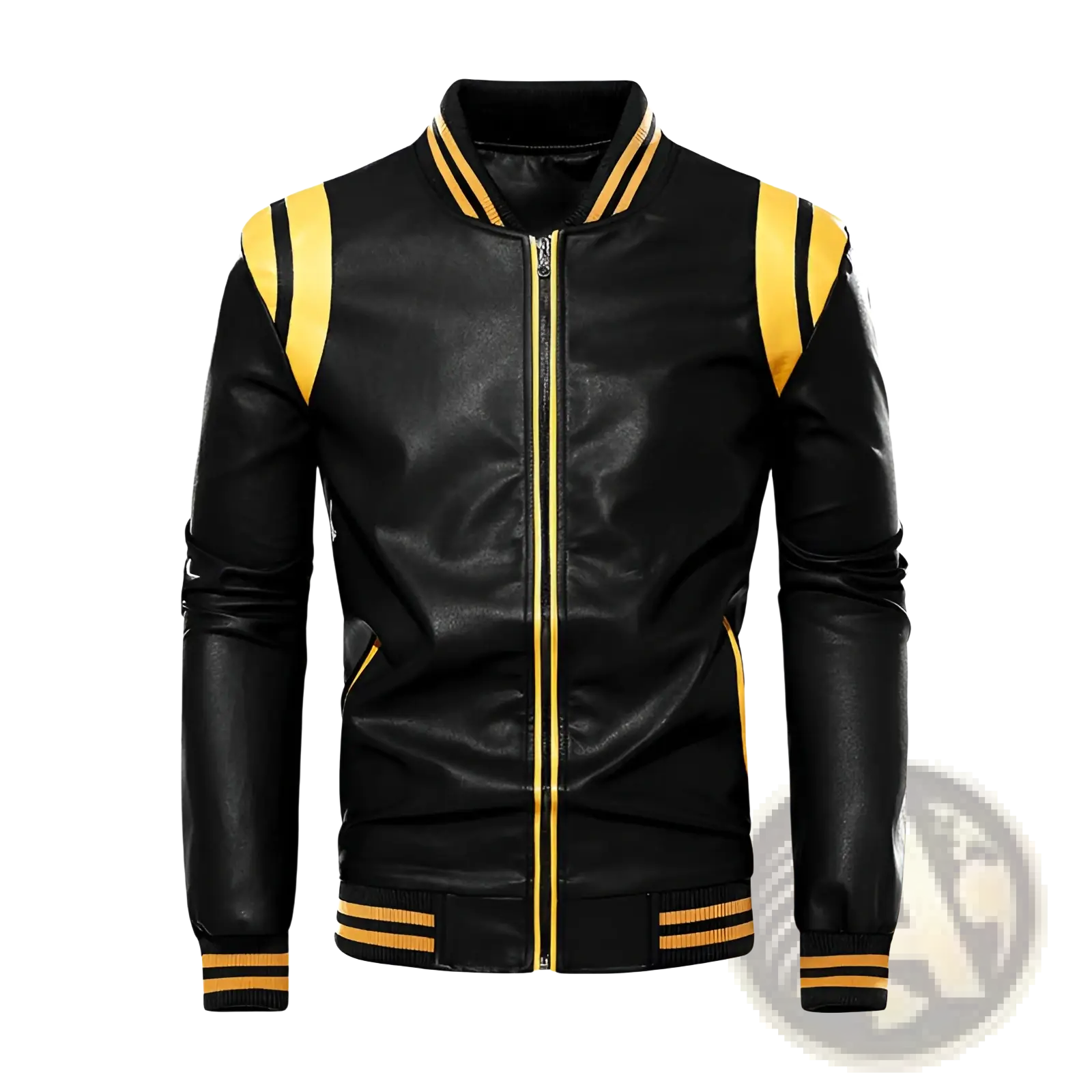 Black leather bomber jacket with bold yellow stripes on shoulders collar cuffs and waistband front view