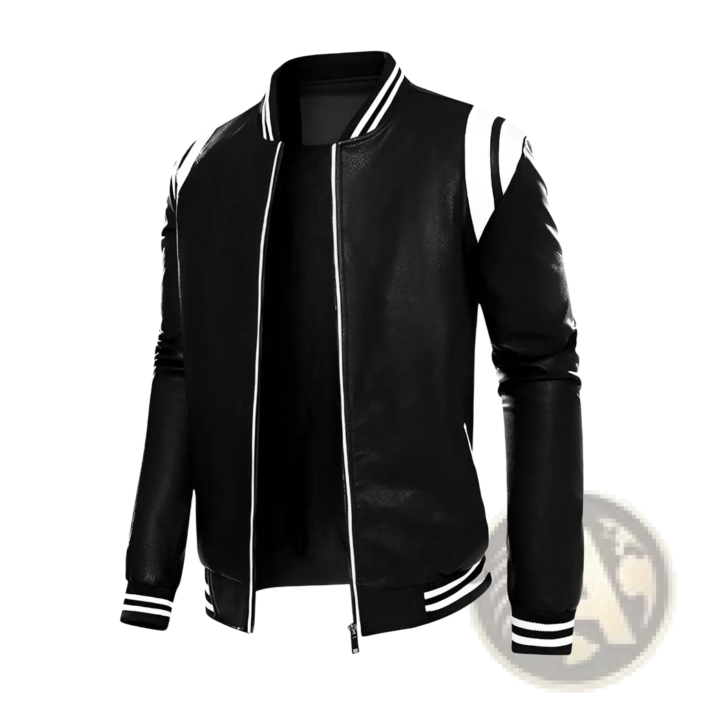 Black leather bomber jacket with white striped accents on collar sleeves and cuffs for stylish outerwear