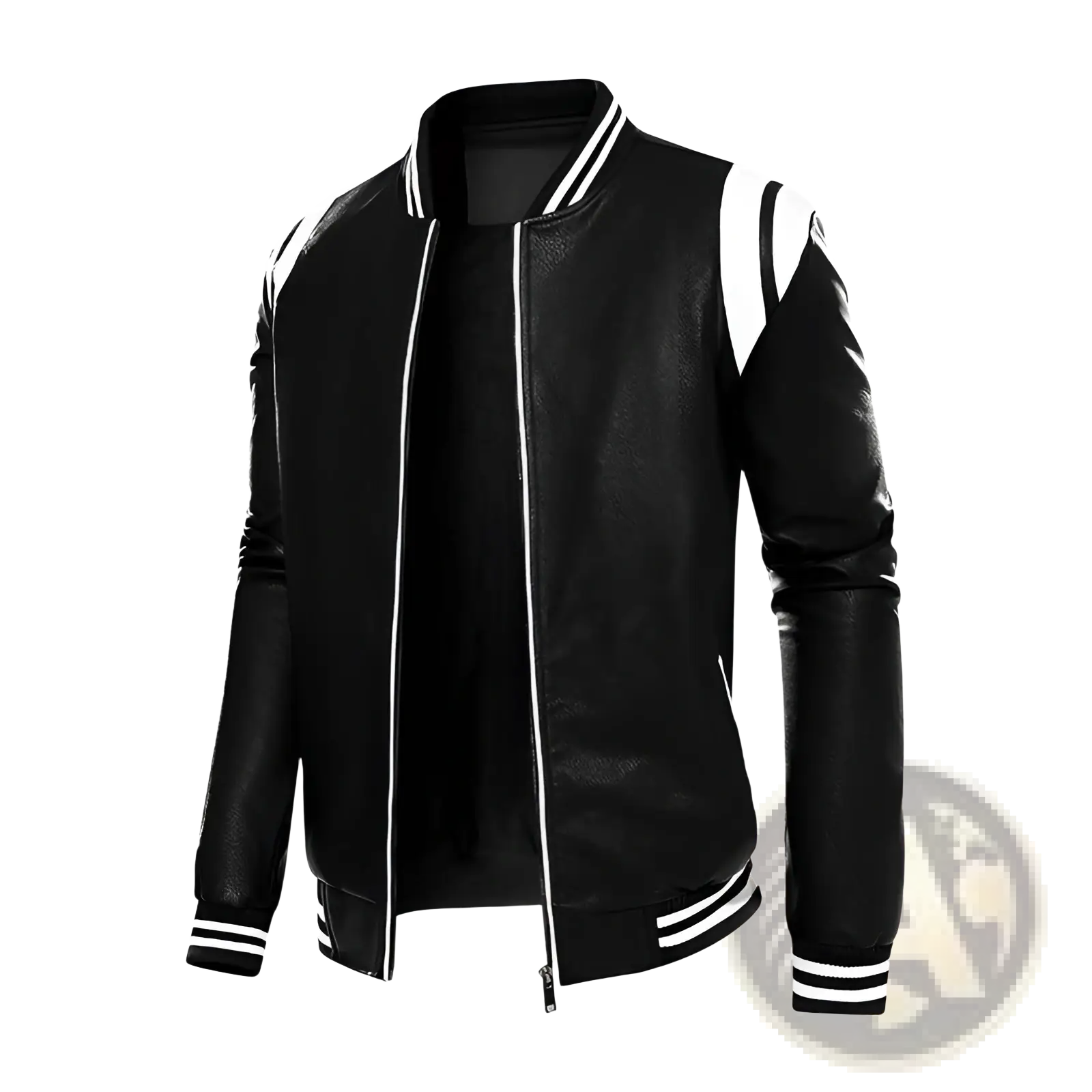 Black leather bomber jacket with white striped accents on collar sleeves and cuffs for stylish outerwear